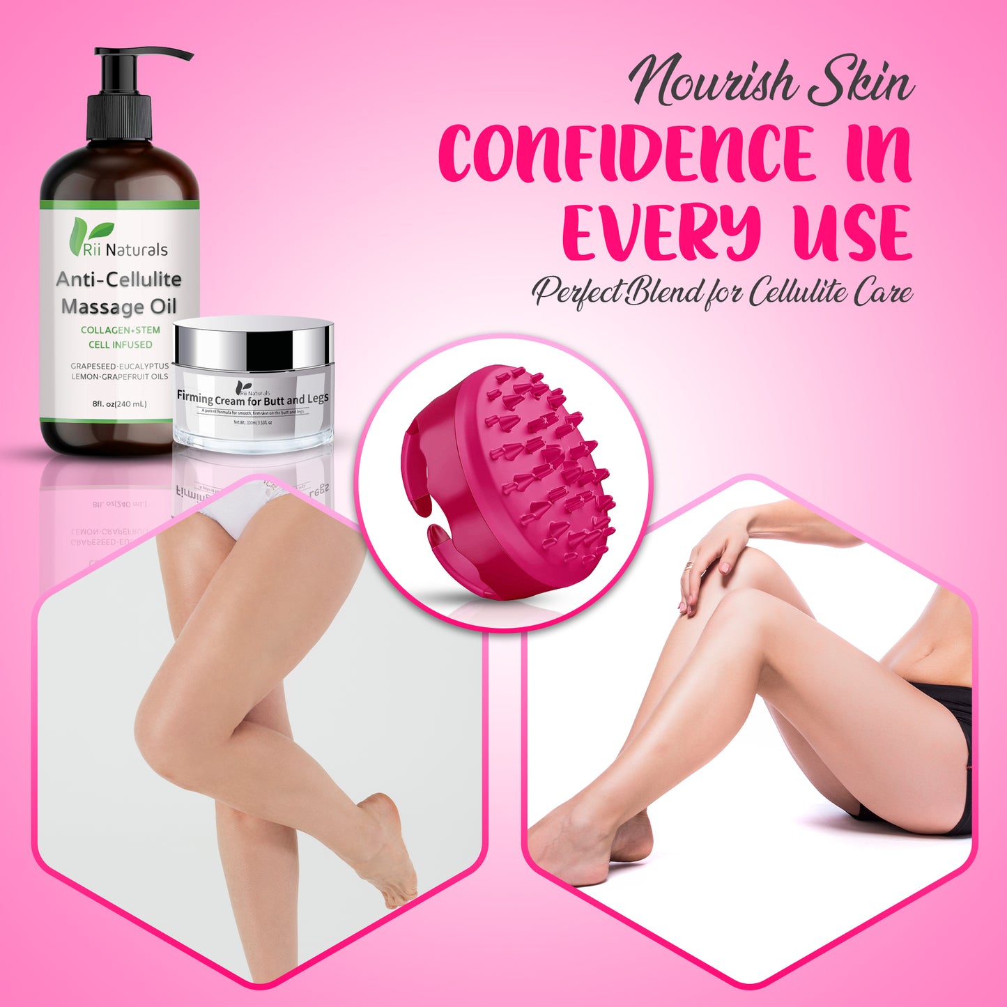 Sexy Legs Kit - Anti Cellulite Massage Oil, Firming Cream & Body Scrubber Massager 3-in-1 BUNDLE
