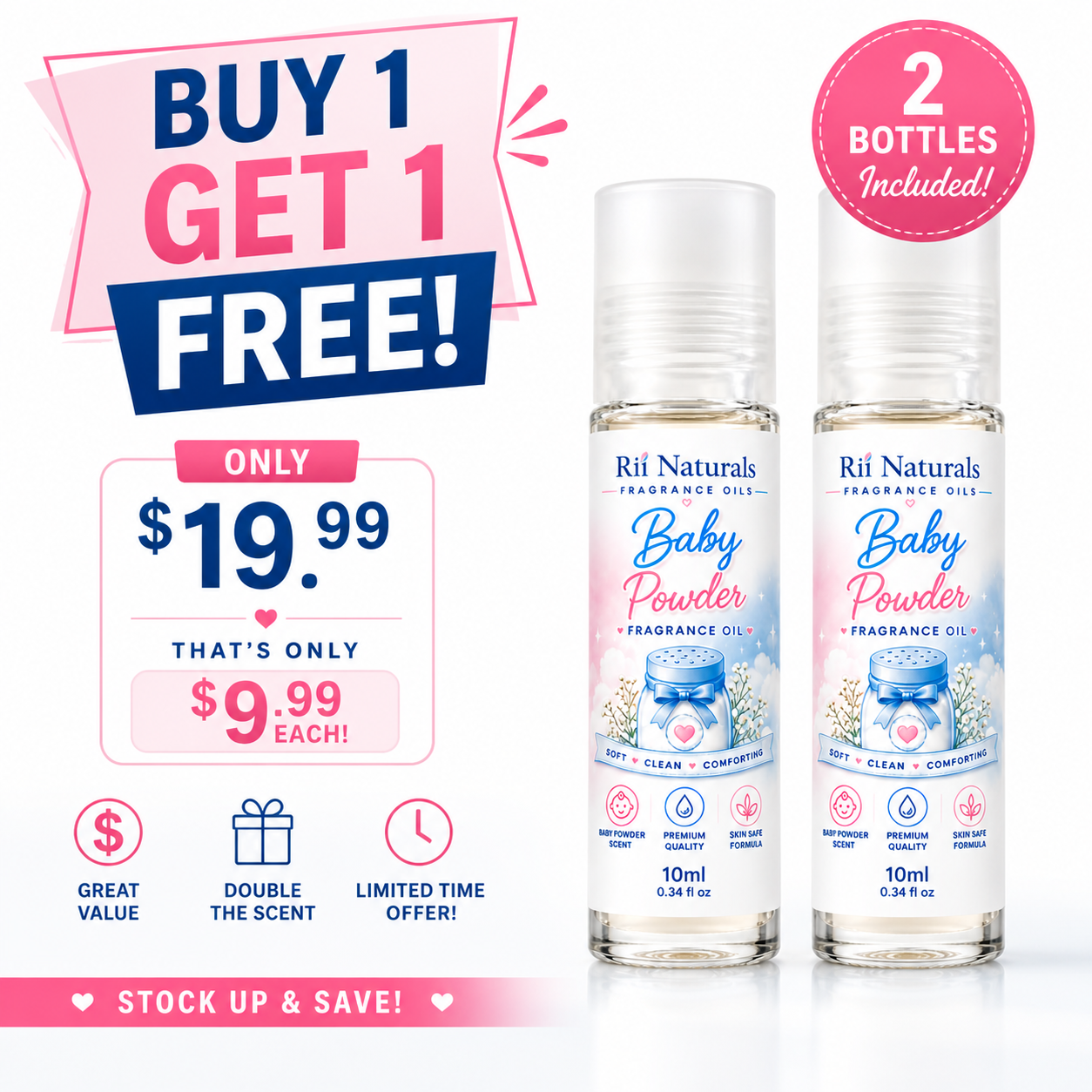 Baby Powder 2 PACK Buy 1 Get 1 Free 100% Pure Fragrance Perfume Body Oil Roll On