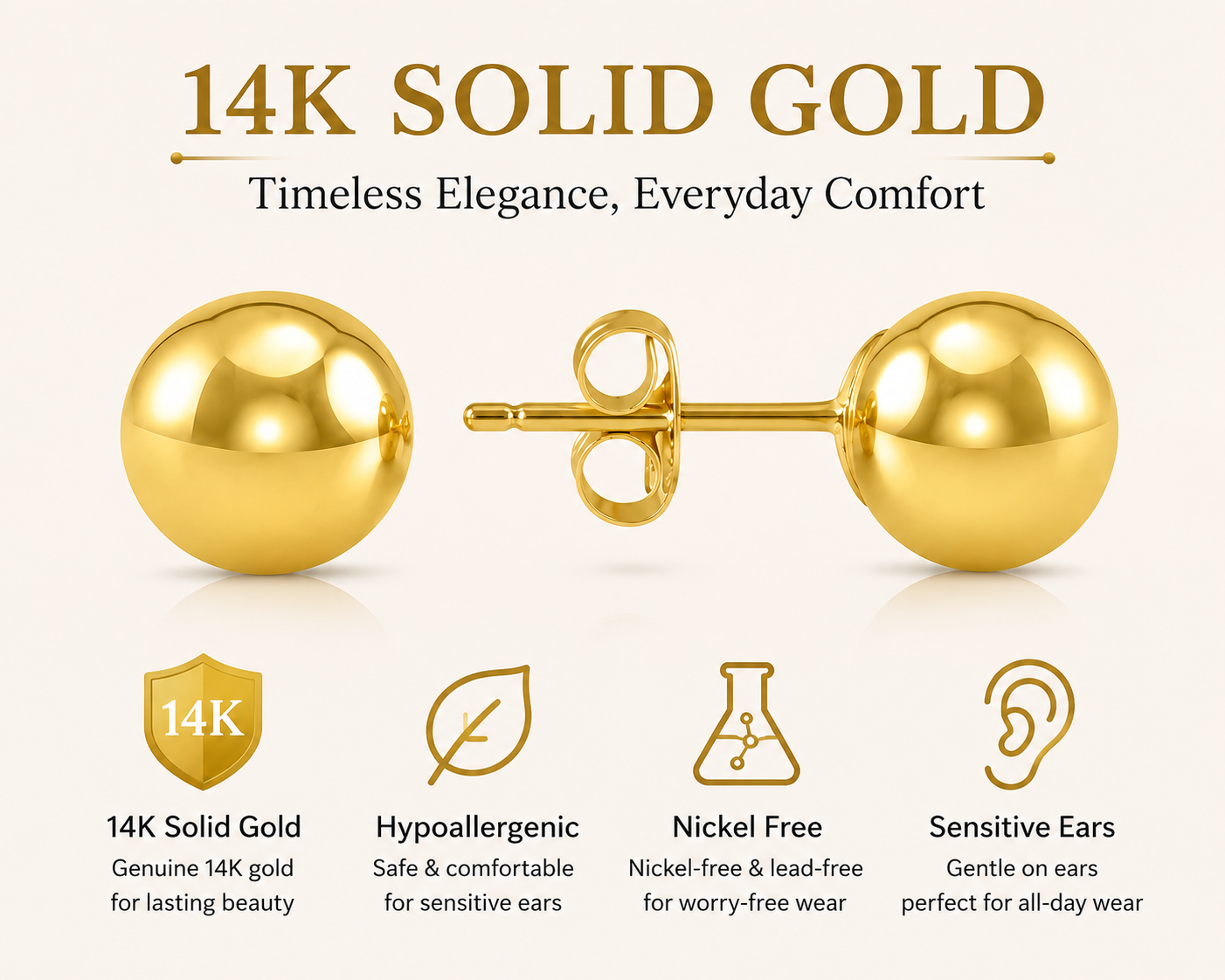 14K Solid Gold Ball Stud Earrings 4MM