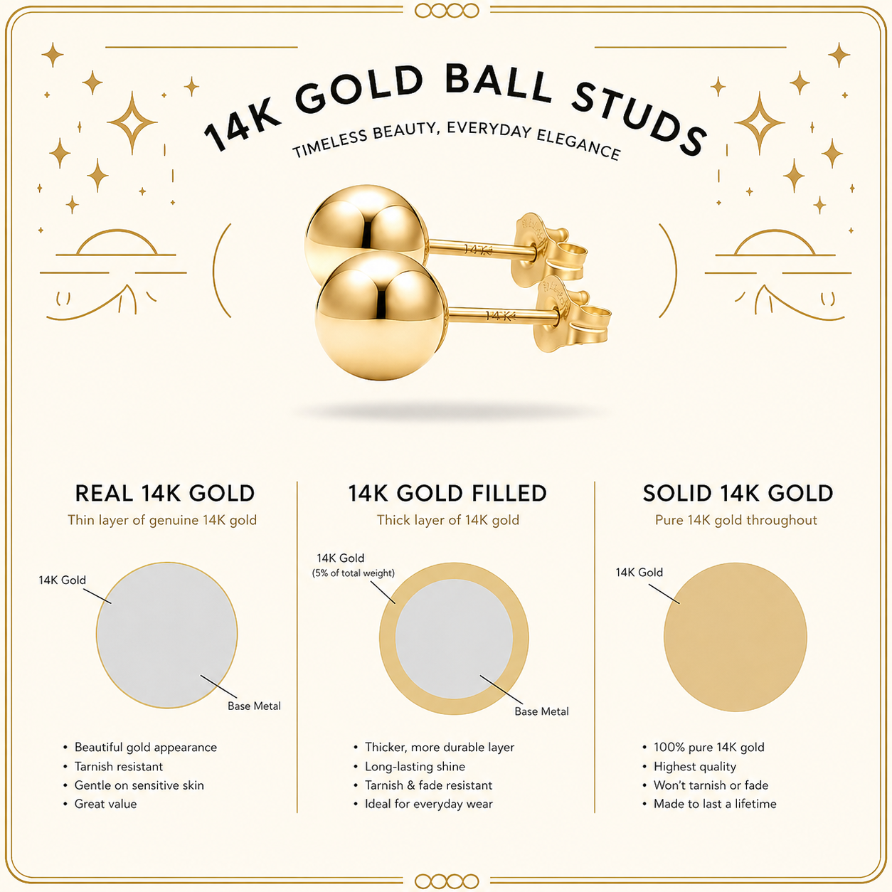 14K Solid Gold Ball Stud Earrings 4MM