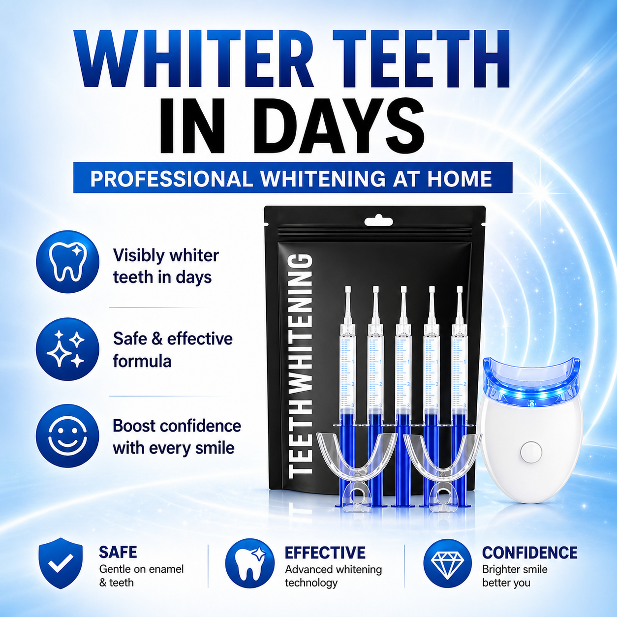 Teeth Whitening Gel Kit 5X Strong Tooth Bleaching Kit with LED Light Tray
