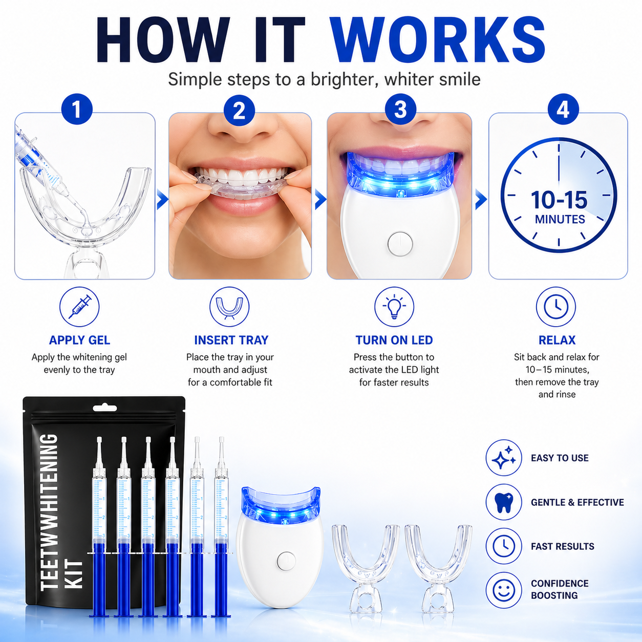 Teeth Whitening Gel Kit 5X Strong Tooth Bleaching Kit with LED Light Tray