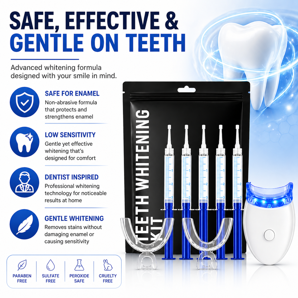 Teeth Whitening Gel Kit 5X Strong Tooth Bleaching Kit with LED Light Tray